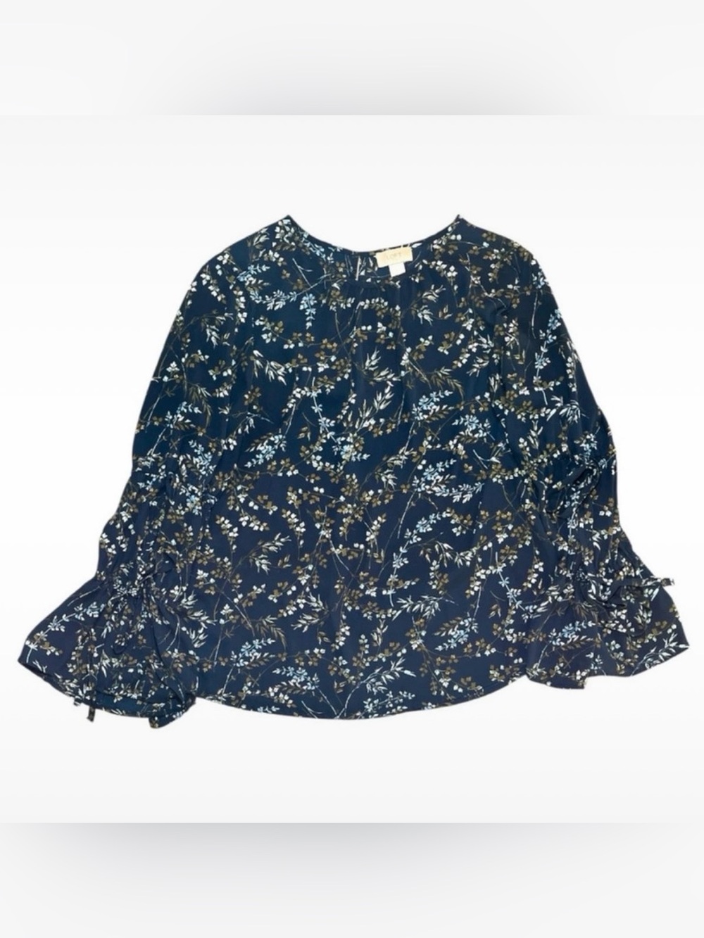 LOFT Floral Top Navy Blue Bell Sleeve Size Large